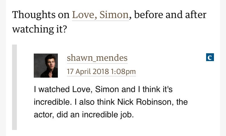 ShawnMendesBRA's tweet photo. Fã: O que acha de ‘Love, Simon’, antes e depois de assistir?
Shawn: Eu assisti ‘Love, Simon’ e eu achei incrível. Eu também achei que Nick Robinson, o ator, fez um trabalho incrível. https://t.co/INBlQ9uP8w
