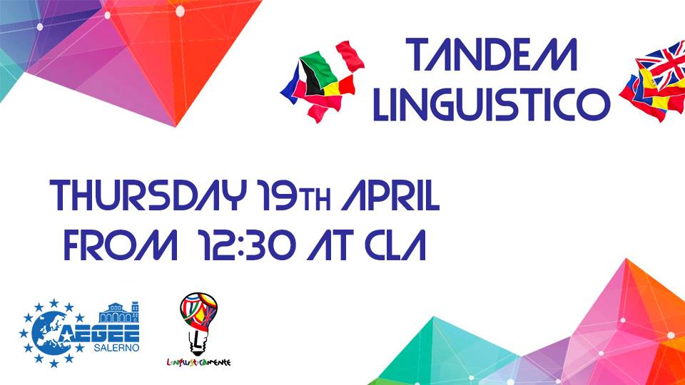 AegeeSalerno's tweet photo. We are back! AEGEE-Salerno and Linguisticamente want you to join the Linguistic Tandem event that will take place on the 19th of April at CLA!

https://t.co/QBJyGXmR7h

#aegee_salerno #aegee #Linguisticamente #Tandem #scambiolinguistico #unisa #CLA https://t.co/WoZsMrisIB