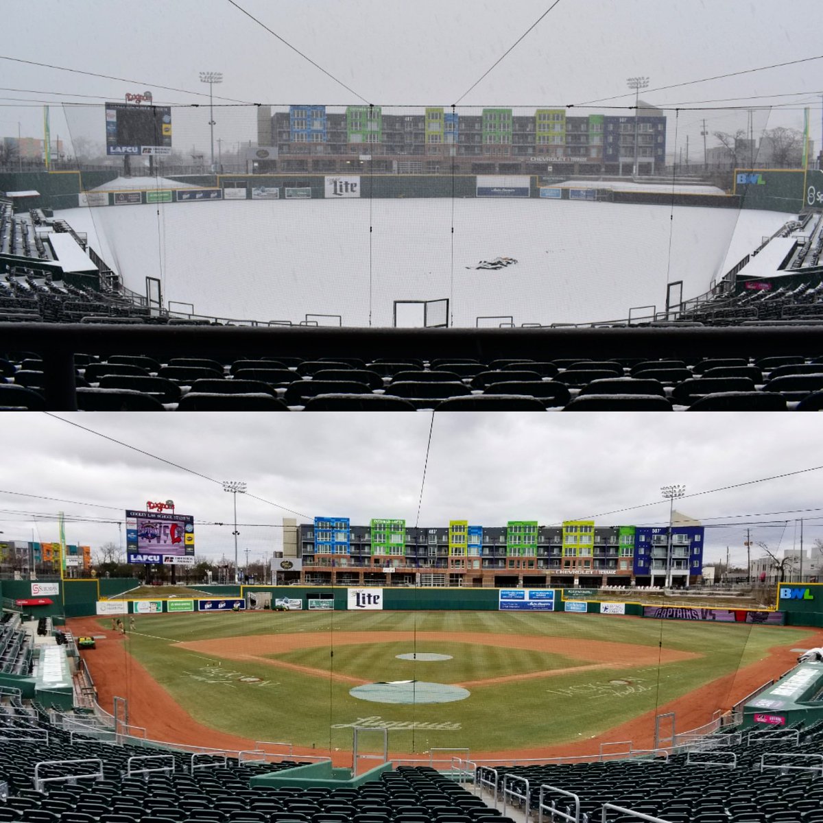 LansingLugnuts's tweet photo. ❄8AM this morning. 
☀️1:40 this afternoon.  

Grounds Crew - 1
Mother Nature - 0 https://t.co/Guj2ws0fSG