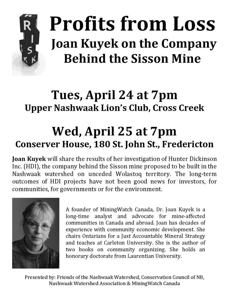 NashwaakWater's tweet photo. Do you have questions about #SissonMine ? Join Joan Kuyek a founder of @MiningWatch on April 24 & 25. For more information on the event: https://t.co/SYQDyxG88e Thanks for organizing @TracyAGlynn @cc_nb https://t.co/NUUxETzuiR
