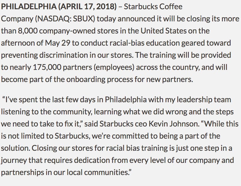 SeanaNSmith's tweet photo. Starbucks is closing all stores nationwide for racial-bias education on May 29 https://t.co/9CgX1SxHQu https://t.co/WNHQM0x2nm