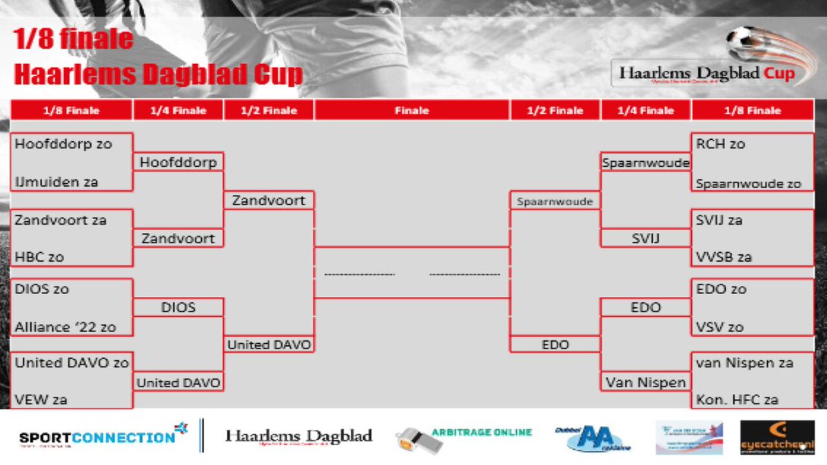 MATCHDAYS! 1/2 finale data <a href="/hdcup/">[HD]World Cup of Pool Morningside Arena 2019 live</a>:
  
Kersvers kampioen <a href="/SVZandvoort1/">SV Zandvoort</a> treft thuis meervoudig HDCup winnaar <a href="/svUnitedDAVO/">United DAVO</a> op speciale voetbaldag woensdag 25 april om 20.00.

Cupfighter <a href="/SVSpaarnwoude/">SV Spaarnwoude</a> ontmoet thuis voormalig HDCup winnaar <a href="/hfcedo/">H.F.C. EDO HAARLEM</a> op zondag 29 april om 14.00. #HDCup