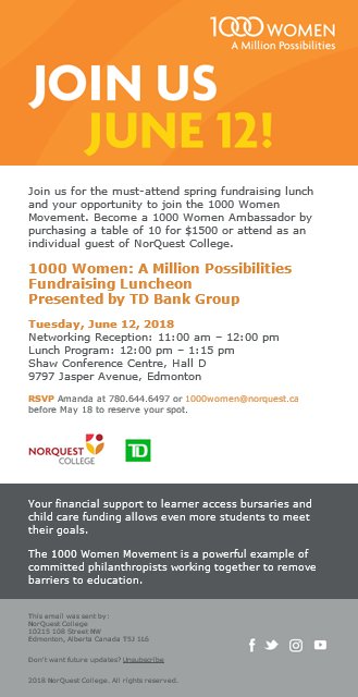 1ThousandWomen's tweet image. Have you received your invite to our June 12 #1000Women luncheon? We would love to have you join us at this must-attend spring fundraising luncheon as a table sponsor or as an individual guest. Call or email us today to secure your spot! #JoinTheMovement #yeg #yegdt #yegevents