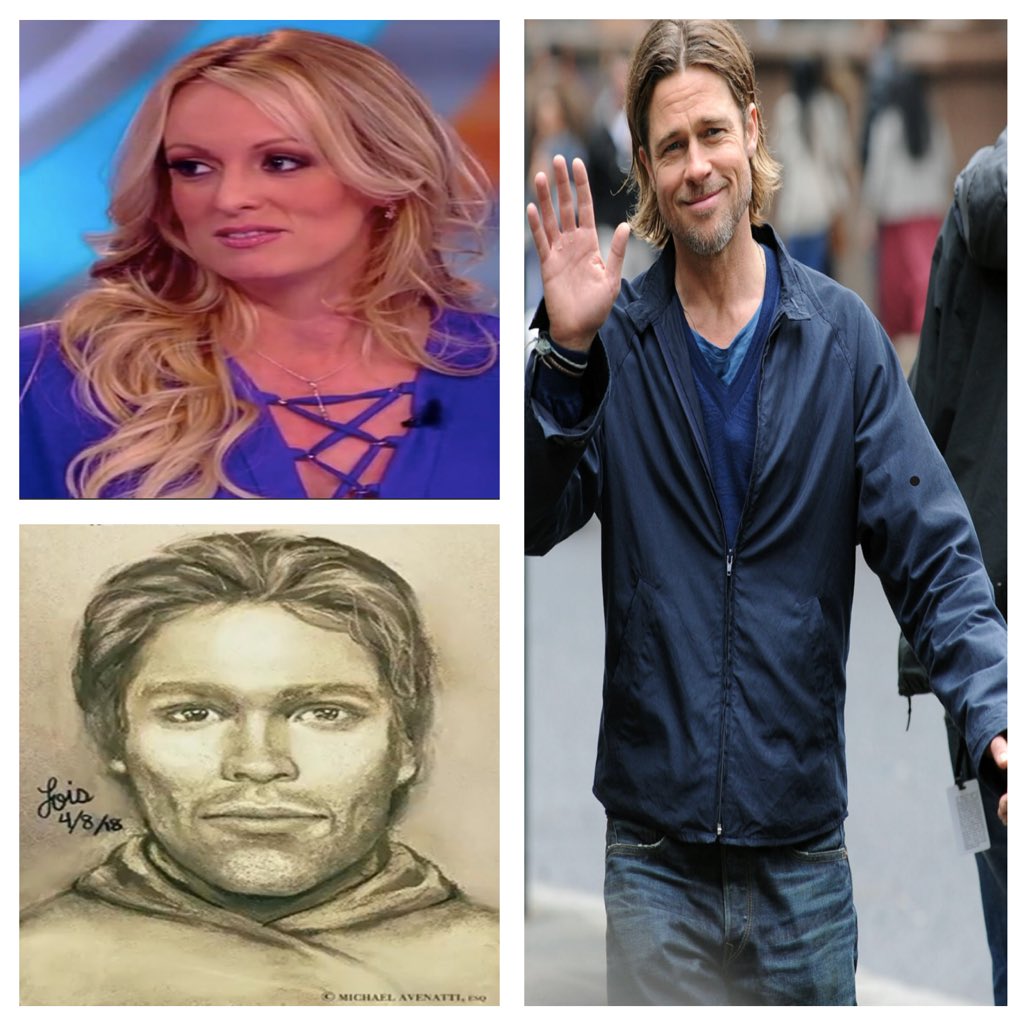 FunnyBaldChris's tweet photo. Stormy Daniels and Attorney revealed the first sketch of a man who they say approached and threatened her to keep quiet about her alleged affair with Donald Trump. There’s a $100,000 reward for information on his identity. I believe they’re looking for Brad Pitt. I except PayPal! https://t.co/HT2kLVt2RC