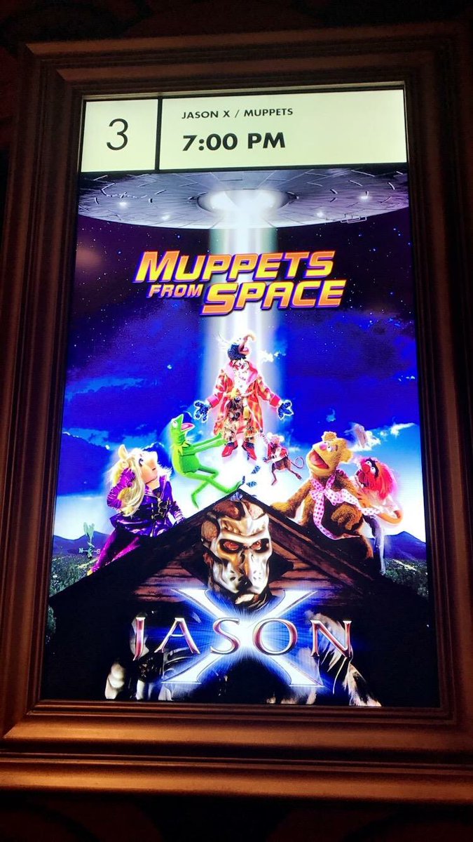 paulsalfen's tweet photo. Is this the most brilliant or most ridiculous double feature? Or both? Jason in space? Who asked for that? Actually, it was quite funny. What's your favorite Friday the 13th movie? #fridaythe13th #jasonx #muppetsinspace #doublefeature #film #horror @AlamoDFW @alamodrafthouse https://t.co/NSxUpTzwsx