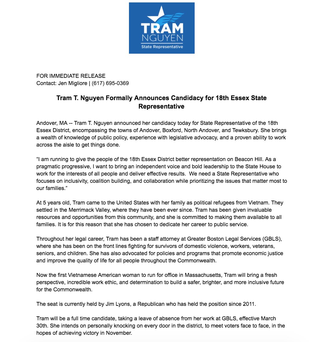 TeamTram's tweet photo. Today, I am so excited to formally announce my candidacy for State Representative. As a pragmatic progressive, I want to bring an independent voice & bold leadership to the #18thEssexDistrict! #mapoli #TeamTram #VoteTram https://t.co/t9Xk4SXJ1q