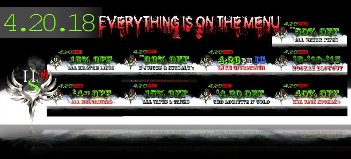 HolySmokesNJ's tweet photo. 420 Sale is On ALL week at Holy Smokes NJ.  #sales #holysmokesnj #holysmokes #holysmokes168 #hsnj #hsarmy #kratom #bali #cbd #ejuice #vape #eliquid #vapelife #420 #710 #marley #kush #raw #rawlife #life #free #giveaway #raffle #fun #dope #chroniclife #chronic https://t.co/vhhc6tNnWT