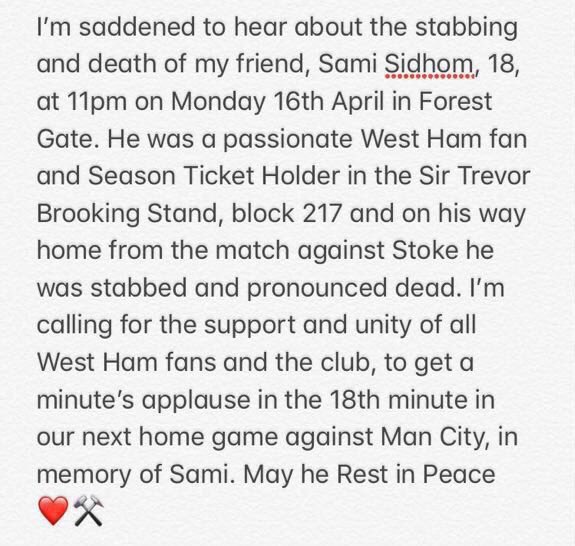 Glenn_WHU64's tweet photo. Just seen this posted .... No better supporters than West Ham and Manchester City to show respect for this young lad ..... Thanks ⚒ https://t.co/19E3cuBssQ
