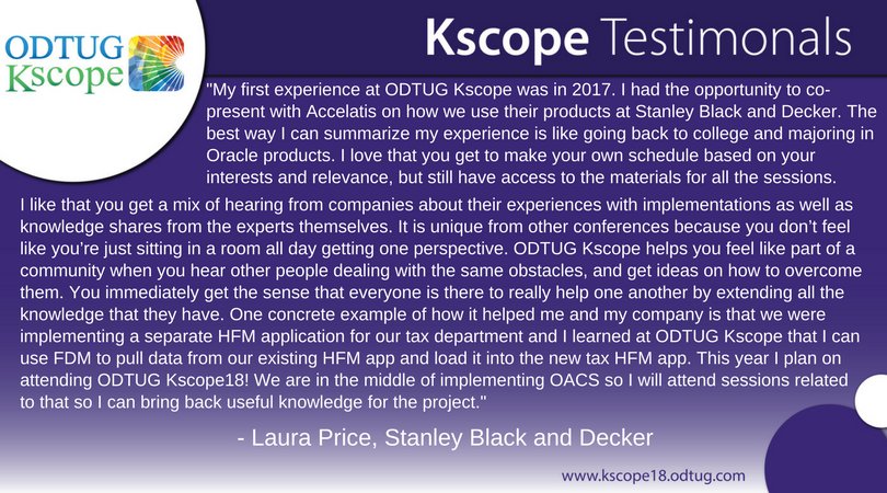 odtug's tweet photo. Laura Price from Stanley Black and Decker shares a great testimonial about her time at ODTUG #Kscope17! We look forward to seeing you in Orlando at #Kscope18, Laura! #TestimonialTuesday https://t.co/R1v9Cvp0jJ