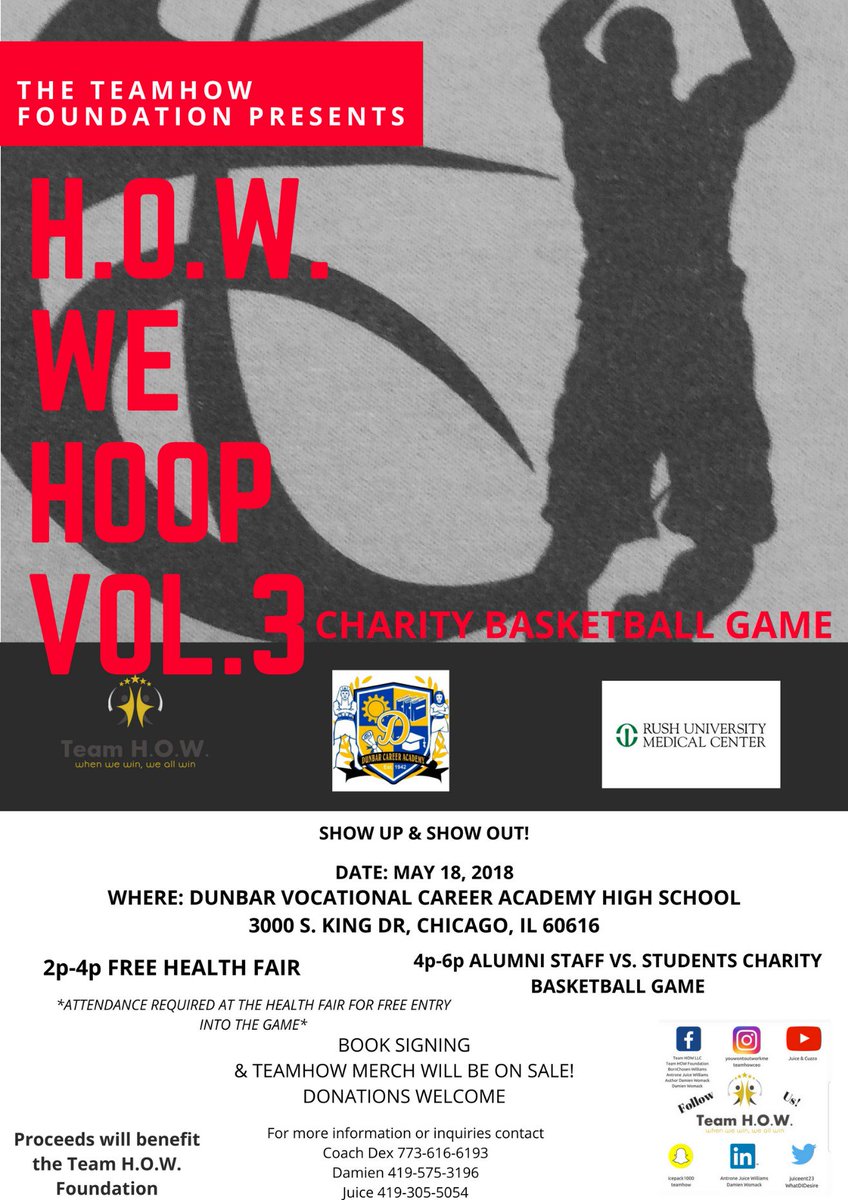 juiceent23's tweet photo. #TeamHow is having a book signing for new book P.I.L.L.A.R.S and Health fair FREE HEALTH SCREENINGS put on by one of our sponsors Rush Hospital in Chicago to help raise some money for DUNBAR!!!! #LetsGo going to be🔥🔥🏀🏀 #StrokeAwarnessMonth
#SHARETHISPOST https://t.co/s1131ZySmJ