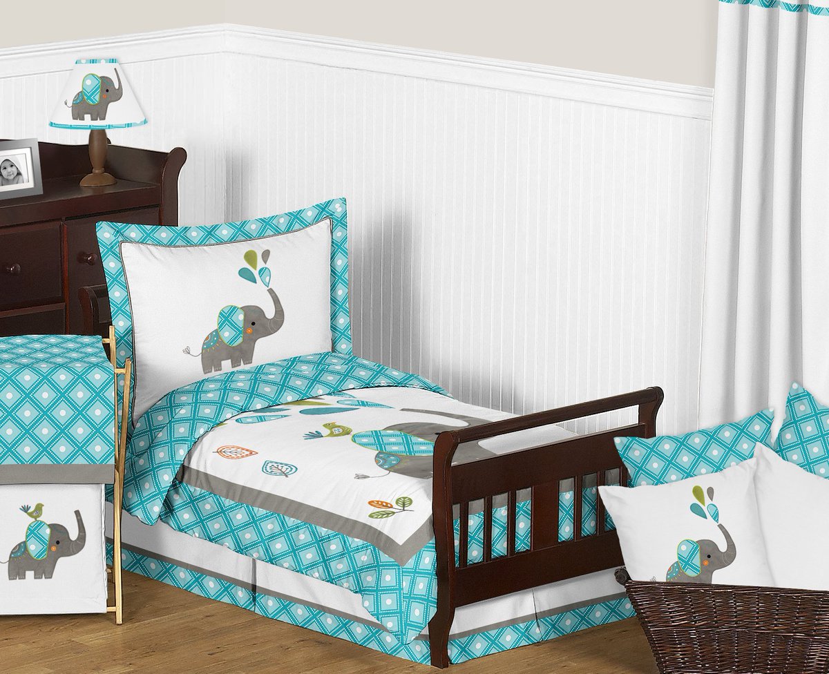 The Mod Elephant #toddlerbedding collection by Sweet Jojo Designs features detailed applique and embroidery works of playful elephants. Get it now bit.ly/2DYc8cQ. #elephant