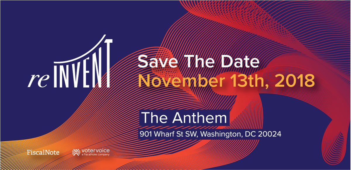 FiscalNote's tweet photo. Mark your calendars! FiscalNote's annual Reinvent Summit will be Tuesday, November 13, 2018 at The Anthem in Washington, DC! See our event website for more information and stay tuned for registration to open and more exciting updates. https://t.co/vly7s2evyp #FNReinvent https://t.co/5AQiZhRGX7