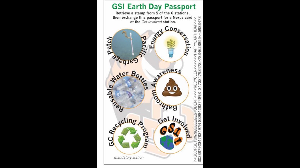 Tonight from 5-6pm in the JHN Suite the Georgetown Sustainability Initiative is hosting an Earth Day FLEX NEXUS event about making our campus more environmentally-friendly. Students will receive a passport to travel to stations promoting recycling and a more sustainable campus.