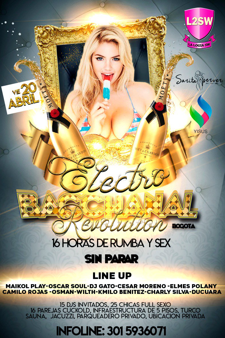 djwilth's tweet photo. Amigos nos vemos este Viernes 20 de Abril en #ElectroBacchanal #Revolution
MΓ‘s de 16 horas de Rumba y Sex
@LogiaSw @nataliaduartesw
Infoline: 3015936071
#ElectronicMusic #TribalHouse #Groove #Music #Dj #Wilth #Party #Swinger #ILoveMusic #ILoveParty https://t.co/xhuzn6kTkU