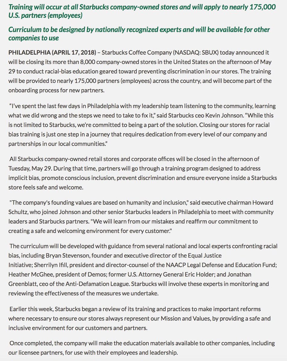 JamilSmith's tweet photo. On the afternoon of May 29, @Starbucks will close all of its more than 8,000 company-owned stores in the United States “to conduct racial-bias education geared toward preventing discrimination in our stores." This is a positive step. https://t.co/XrCO7Mue6d https://t.co/BSzIVOotFe