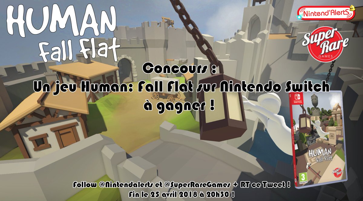 Concours: Un jeu Human: Fall Flat sur Nintendo Switch à gagner ! Seulement 5000 exemplaires au monde ! 
Follow <a href="/nintendalerts/">Nintend'Alerts</a> + <a href="/SuperRareGames/">Super Rare Games</a> et RT ce tweet !
Fin du concours le 25 avril 2018 à 20h30 !