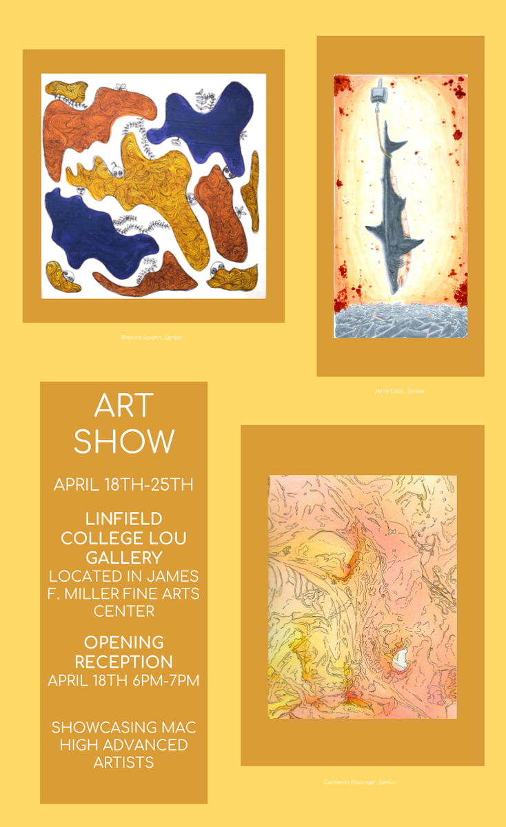 McMSchools's tweet photo. Join us for student art show opening reception at @LinfieldCollege Lou Gallery on Wednesday, April 18 at 6 p.m. More: https://t.co/OiBhi14o3N #McMinnville #MacTogether #Art https://t.co/F2wKmFe4vd