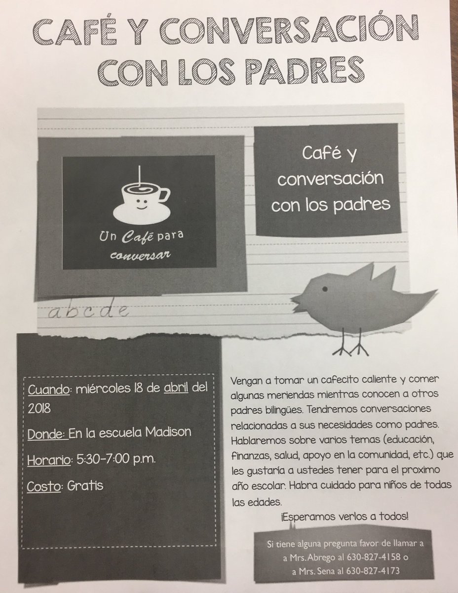ArreguinsClass's tweet photo. Esperamos ver a nuestros padres bilingües de Madison mañana de 5:30-7:00 para un cafecito, meriendas, y buenas conversaciones. Tendremos área para cuidar a los niños. https://t.co/yGCfkCAX1L