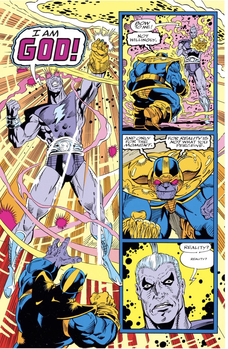pudgenet's tweet photo. When #TheMagus (#AdamWarlock’s evil self from a future that never happened ... just go with it) gets the #InfinityGauntlet, #Thanos, helping our heroes stop The Magus, swaps out the #RealityGem for a fake. Oops. From #TheInfinityWar #6. #OneMonthOfThanos https://t.co/REOBmwLvoM
