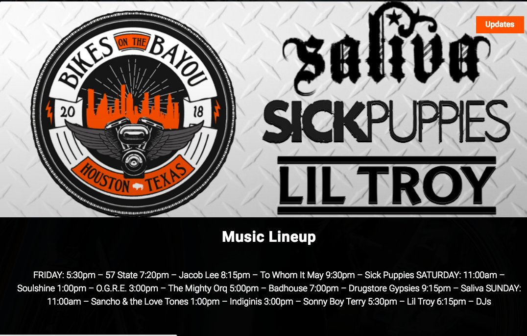 Full music lineup is on the website! We've got 3 days of bands and bikes on the bayou! Less than 2 weeks away 😀