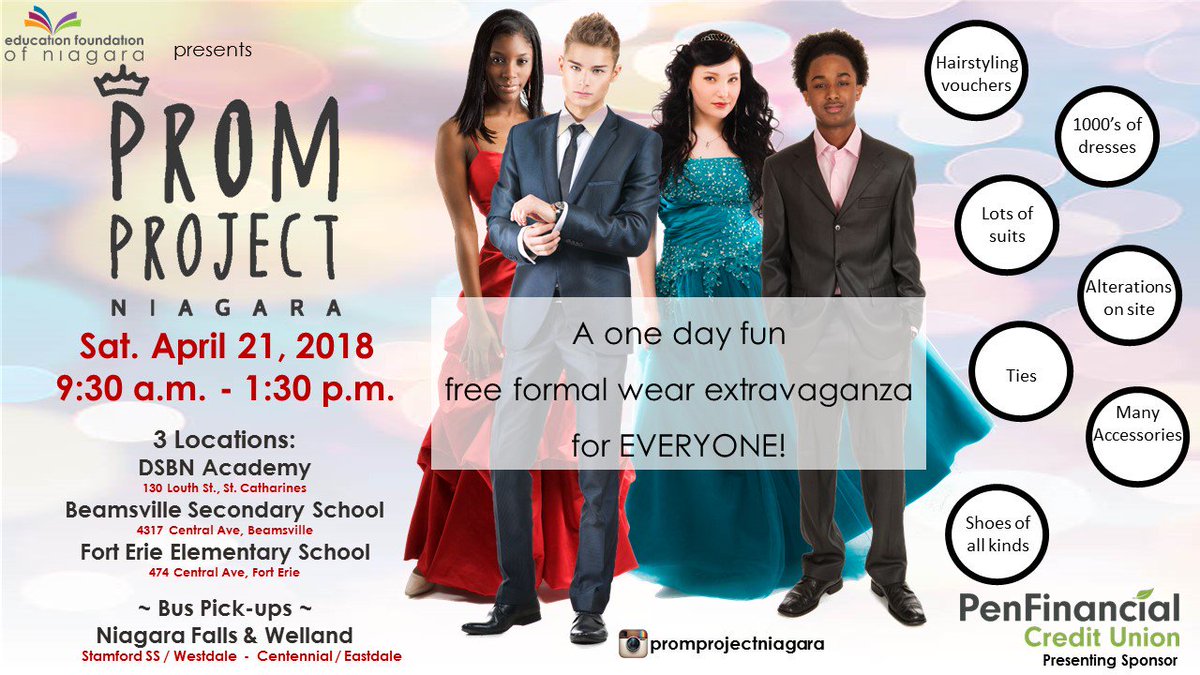 dsbn's tweet photo. Prom Project Niagara presented by @efnniagara is THIS WEEKEND!
🗓️ Saturday APRIL 21 ⌚️9:30-1:30

Free formal attire for Grade 8-12 students attending their graduation or prom! 

3 LOCATIONS
Beamsville Secondary
Fort Erie Elementary
DSBN Academy https://t.co/8jYVl3tgcv