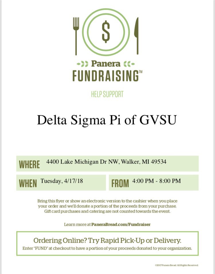 Tonight is the night!!! Come out to Panera Bread and support DSP @ GVSU!!! Show this flyer or order online with the code: FUND 💜💛⚓️