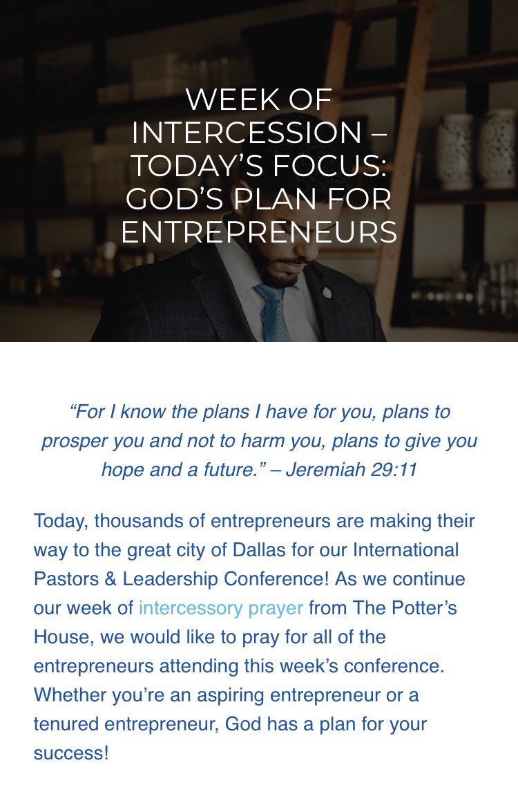 BishopJakes's tweet photo. Join us for a #WeekOfIntercession with a different focus every day. Today’s Focus is Entrepreneurs.
Check out the blog here: https://t.co/2pbPswFbos https://t.co/ANUnQWIJWQ
