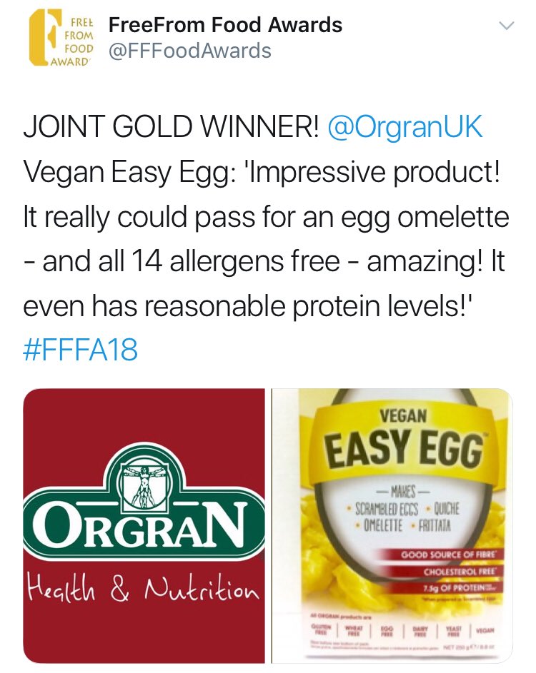 OrgranUK's tweet photo. Orgran Vegan Easy Egg wins Gold @FFFoodAwards #fffa18 https://t.co/RQDPpsZSwG