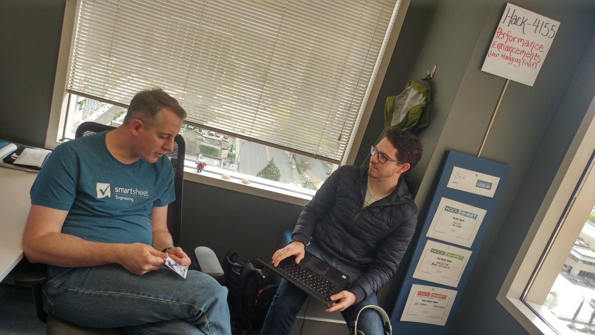 SmartsheetDev's tweet photo. Ben and @Jcontl discussing their #HackTheSheet project. https://t.co/eQDf0z6NUt