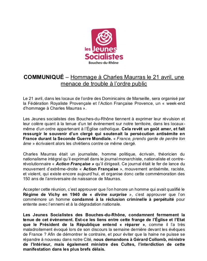 JeunesSoc13's tweet image. 🚨 COMMUNIQUÉ DE PRESSE - L’Etat doit prendre ses responsabilités et interdire l’« hommage » à Charles Maurras prévu ce week-end à Marseille !