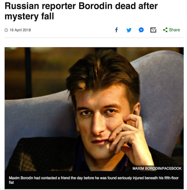 Russian reporter Maxim Borodin, who died after a mysterious balcony fall, had investigated Russian mercenaries financed by Putin ally Prigozhin AND paid-escort Nastya Rybka's allegations re Deripaska, Manafort & the US election exposed by  @navalny. #Maddow  http://www.bbc.com/news/world-europe-43781351