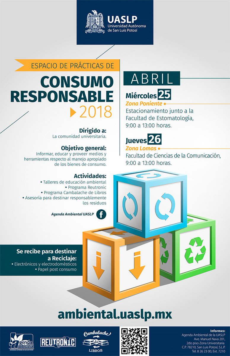 faenuaslp's tweet photo. La @LaUASLP a través de Agenda Ambiental UASLP, Invita al espacio de "CONSUMO RESPONSABLE 2018". #FENUASLP
https://t.co/c6rYsfBJ1J https://t.co/1Y3mUu2op8
