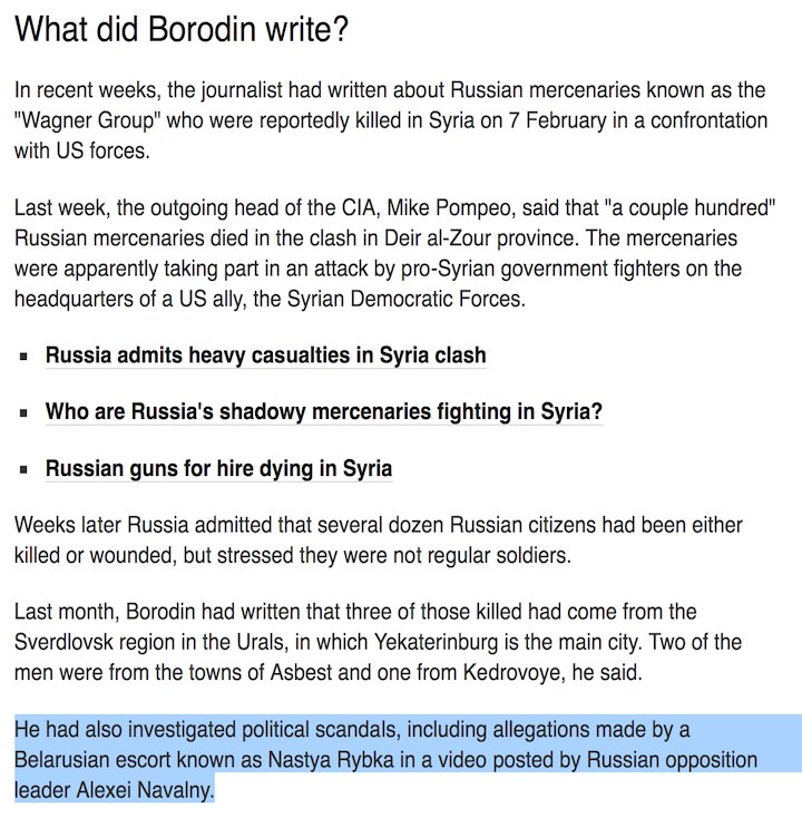 Russian reporter Maxim Borodin, who died after a mysterious balcony fall, had investigated Russian mercenaries financed by Putin ally Prigozhin AND paid-escort Nastya Rybka's allegations re Deripaska, Manafort & the US election exposed by  @navalny. #Maddow  http://www.bbc.com/news/world-europe-43781351