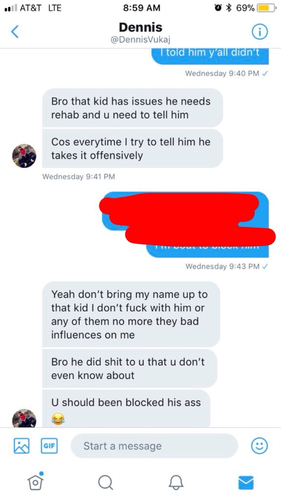 Berishajc7's tweet photo. @DennisVukaj this pussy ass nigga dm’s my ex girl &amp; starts talking shit but won’t say any of this to my face &amp; when I told him to fight he he threatened to call the police bitch made nigga https://t.co/o3Fn2cboCf
