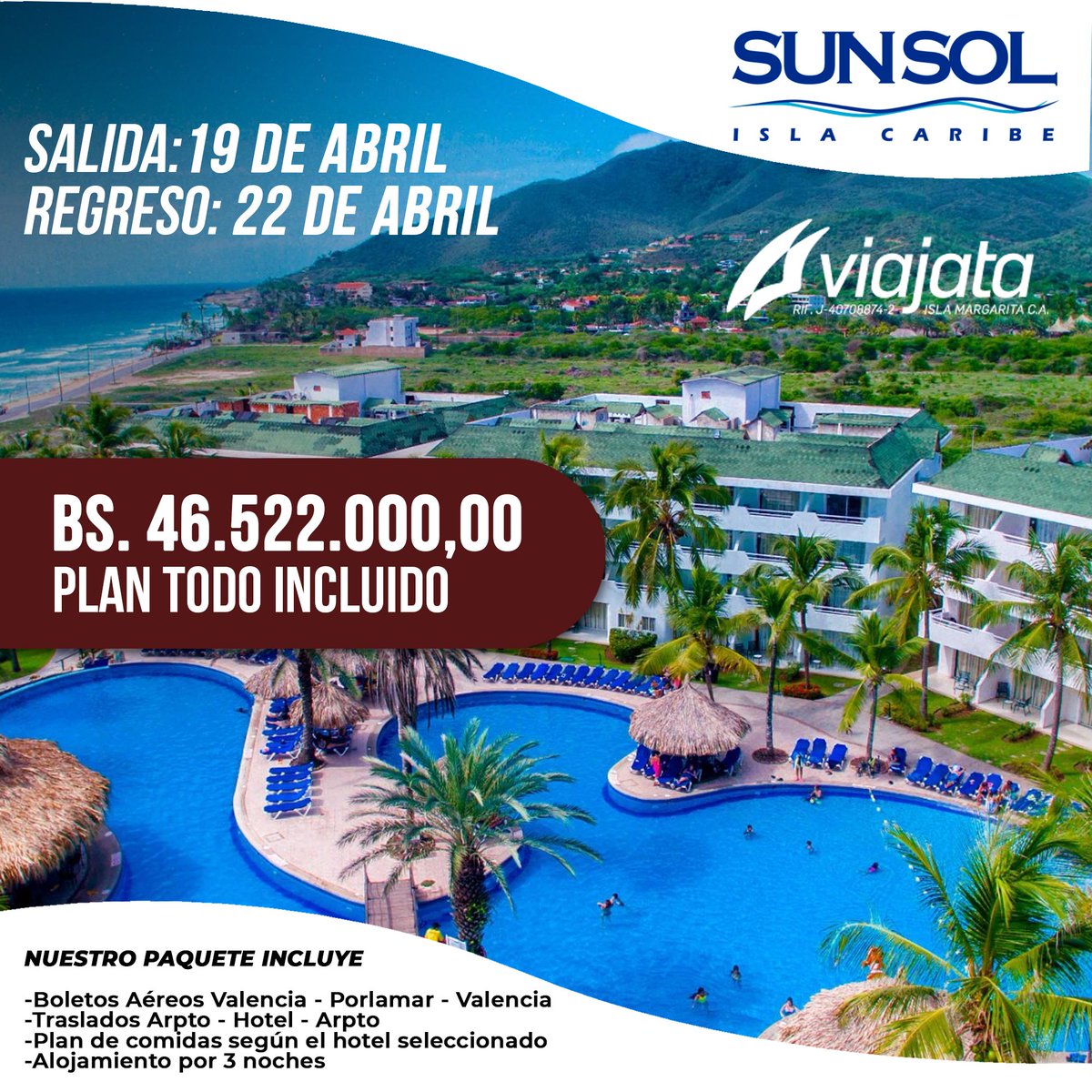 viajata's tweet photo. Paquete Todo Incluido para este 19 de Abril, con boleto aéreo garantizado desde Valencia. Consulta Ya! #vacaciones #familia #viajes #margarita #playa #sol #arena #descanso #valencia #caracas #barcelona #sancristobal #merida #disfrute https://t.co/Ss8oPHOHBC