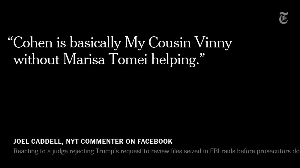 nytimes's tweet photo. In a blow to President Trump, a judge rejected a request by him and his lawyer Michael Cohen to review files seized in FBI raids. One reader's reaction: https://t.co/nkDVbj5o4Y https://t.co/0CWkcCDFf9