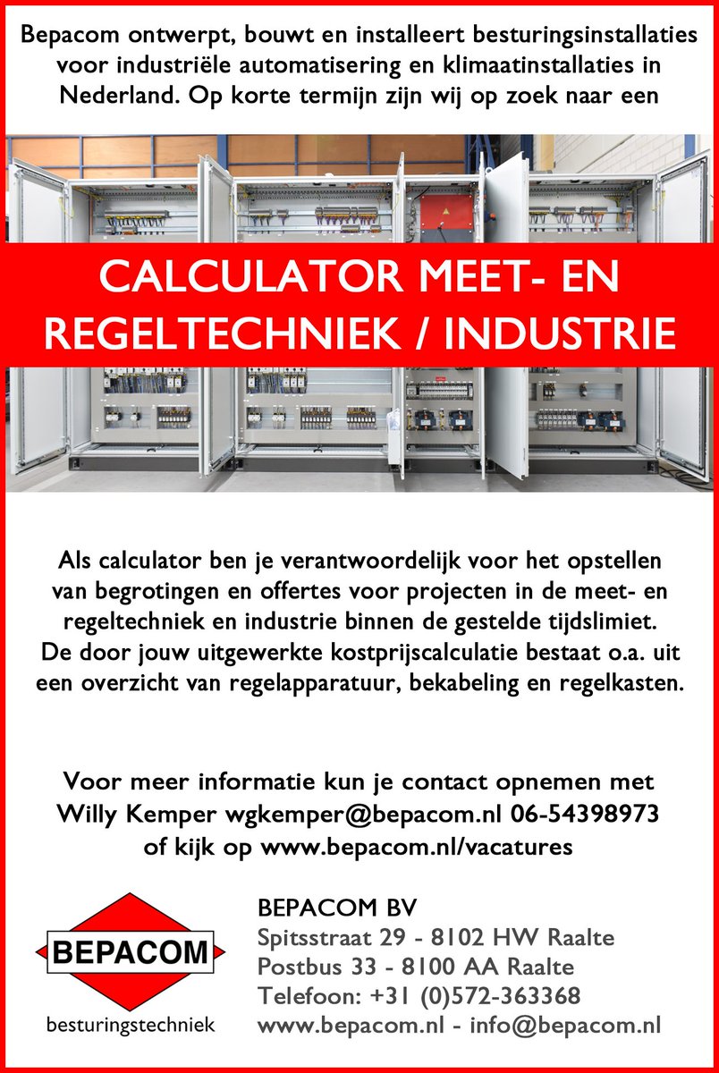 Kom jij ons team versterken als CALCULATOR MEET- EN REGELTECHNIEK / INDUSTRIE?
Kijk dan voor meer info op onze site bit.ly/2H8VSYK