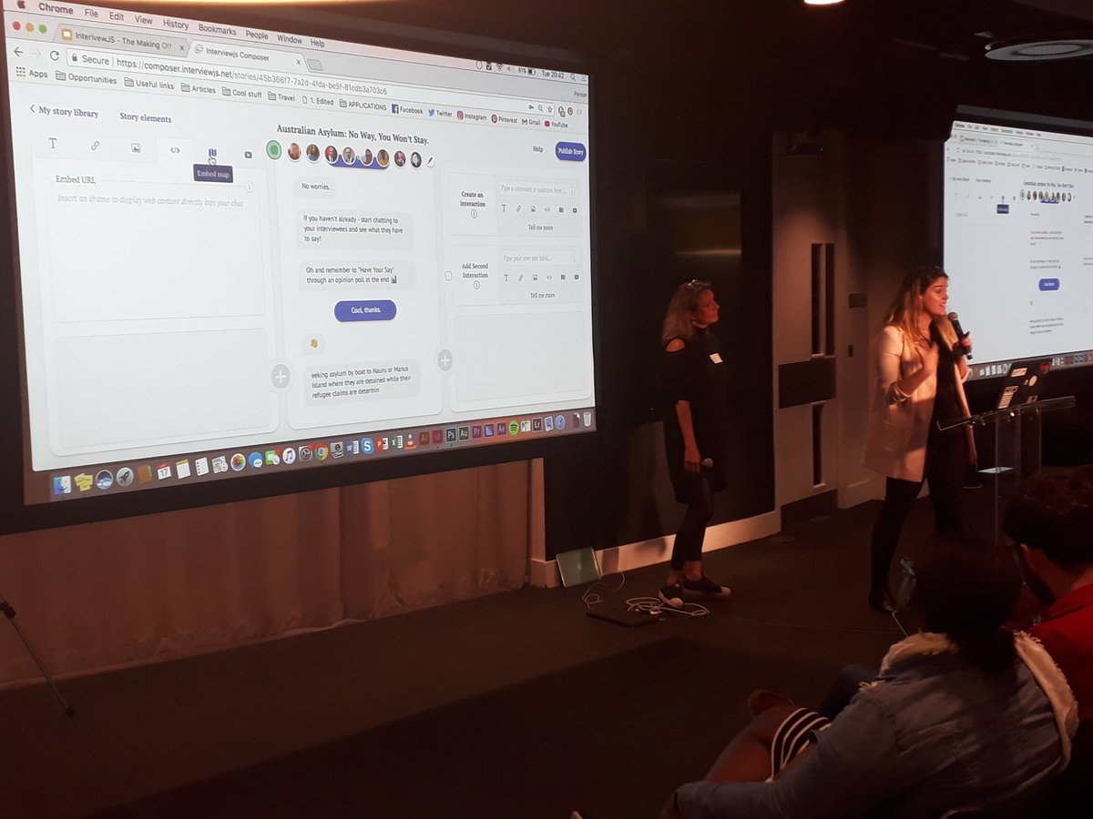 interview_js's tweet image. .@alilouiserae @HacksHackersLDN shows how the #InterviewJS dashboard is used to create user interactions in chat stories #HHLDN