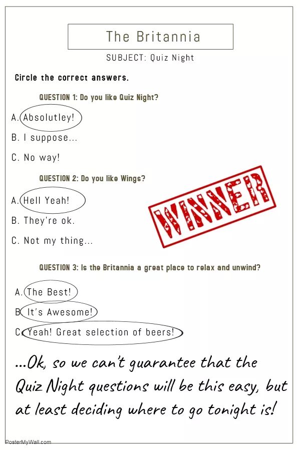 Hey there, Why don't you take the short quiz in the below photo?
...Sorry? It's already filled out? 
Ah, I guess you had better join us tomorrow night instead for our Weekly Wednesday Quiz Night at 7pm! 😉
#quiznight #quiz #craftpubs
