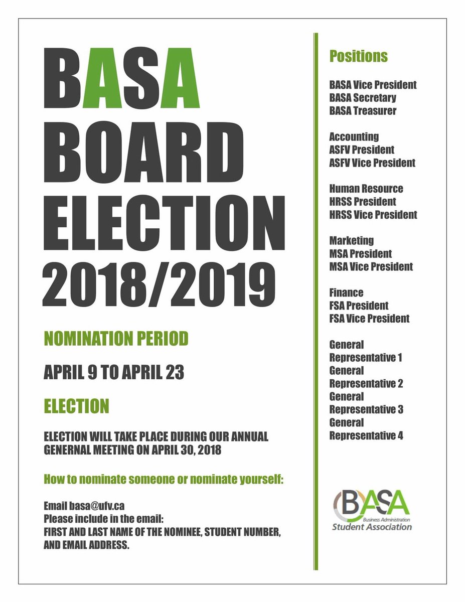 asfv_ufv's tweet photo. In the business program and interested in joining a club on campus?

Business Administration Students Association is currently accepting nominations for various positions for their board. 

Read the attachment to find out how to nominate! https://t.co/1BFpOUCAb7