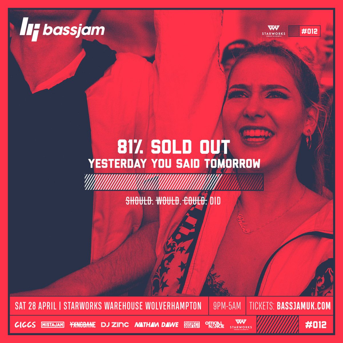 BassJamMidlands's tweet photo. Tickets are now 81% SOLD OUT for the biggest Bass Jam ever at Starworks Warehouse yet with Giggs, Yxng Bane, Mistajam &amp; many more! 🔥

Only 19% of tickets remain, get yours now - https://t.co/ZSDEdSaKCq https://t.co/EgXOJUWDPk