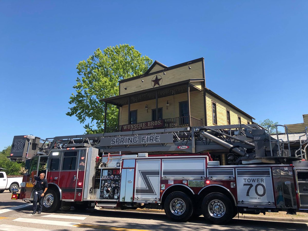 Springfdtx's tweet photo. Tower 70 turns heads throughout the Spring area. Parked in front of the oldest structure in Harris County, it's quite the sight. #Tower70 #SpringTX #SpringFireProud https://t.co/98CW6kWrdL
