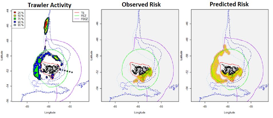 tjclarkwolf's tweet photo. 3. #WSTC4 #ForgEco2 We also modeled Sooty Shearwater habitat selection, then predicted their overlap with fishing vessels. Sooty Shearwaters were unlikely to encounter working squid jiggers, but their distribution frequently overlapped with longliners and trawlers. https://t.co/upg8VXyMl9