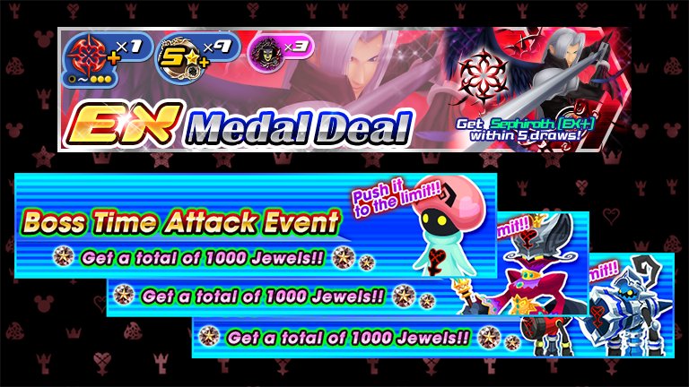 Sephiroth [EX+] is back, tonight @ midnight (PT), and you can get him within 5 draws! Plus, face off against different bosses in the Boss Time Attack Event to get a total of 3000 Jewels! #KHUX