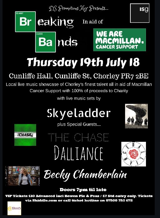DSPromotionsMcr's tweet image. Tickets on sale now for Breaking Bands for @macmillancancer @cunliffehall with sets from @skyeladder @The_ChaseMcr @_dallianceband_ &amp;amp; @beckforddd  skiddle.com/whats-on/Chorl… #tickets #livemusic #chorley #charity @ISGplc #teamISG @BowenPies