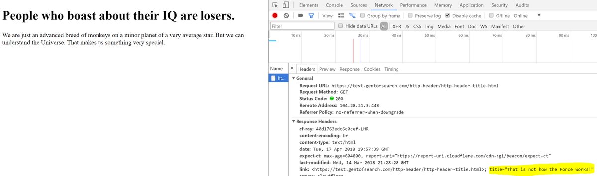 Adoubleagent's tweet photo. Not done one of these in a while.

Test: Wanted to see if Google would use the HTTP Header title="" as a title tag, if the web page had no <title> tag present.

Result: Multiple tests show Google just used the h1 heading tag instead.

Thank Yoda. So impractical. https://t.co/JH2UJuHca7