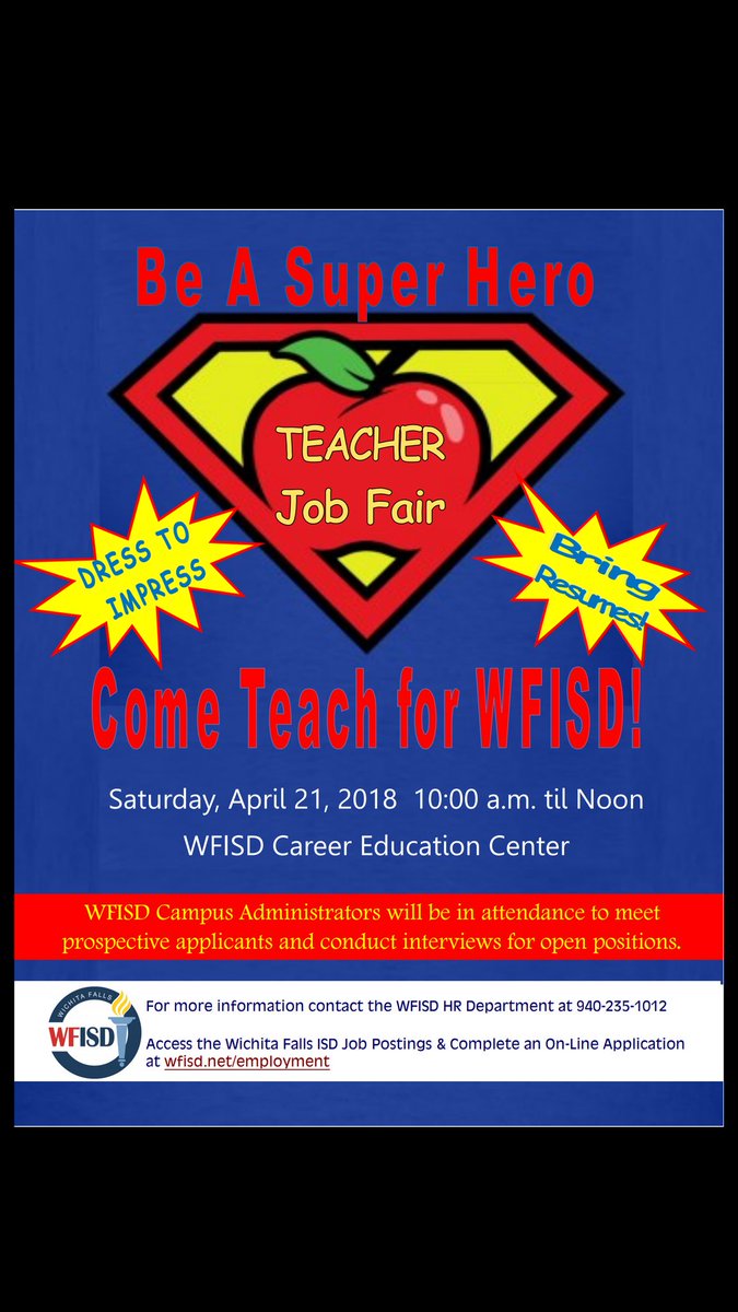 suz7889's tweet photo. Come visit the job fair on Saturday! Join team WFISD! Special Ed folks, stop by my booth and let's talk! #wearewfisd @Kuhrteous #allmeansall #teamworkmakesthedreamwork #iamwfisd https://t.co/VVxChzsi7S