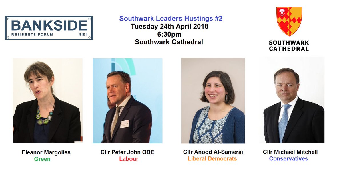 Southwark Leaders Hustings #2 - Tuesday 24th April 2018 <a href="/Southwarkcathed/">Southwark Cathedral</a> chaired by @AmirEden1993 &amp; co-hosted with <a href="/deansouthwark/">Mark Oakley</a>

<a href="/AlisonClayburn/">Alison Clayburn</a> <a href="/conradheine/">Conrad Heine</a> <a href="/santuli23/">santuli</a> @southwarkgiving <a href="/BurgessPk/">Burgess Park</a> <a href="/DemolitionsLdn/">DemolitionWatchLdn💙</a> @tracbere <a href="/justspace7/">Just Space</a>

BOOK YOUR PLACE eventbrite.co.uk/e/southwark-le…