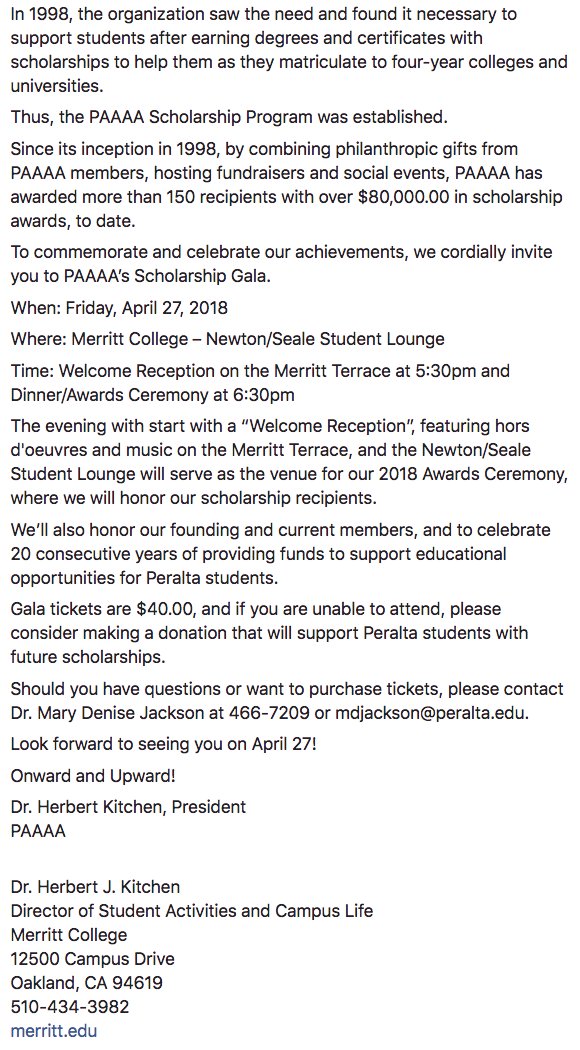 Peralta Association of AfricanAmerican Affairs(PAAAA) is proud of its role in shaping the landscape of the District and its Colleges for over 40 years, by providing #leadership #mentorship #scholarships to our students. To celebrate, we invite you to PAAAA's Scholarship Gala 4/27