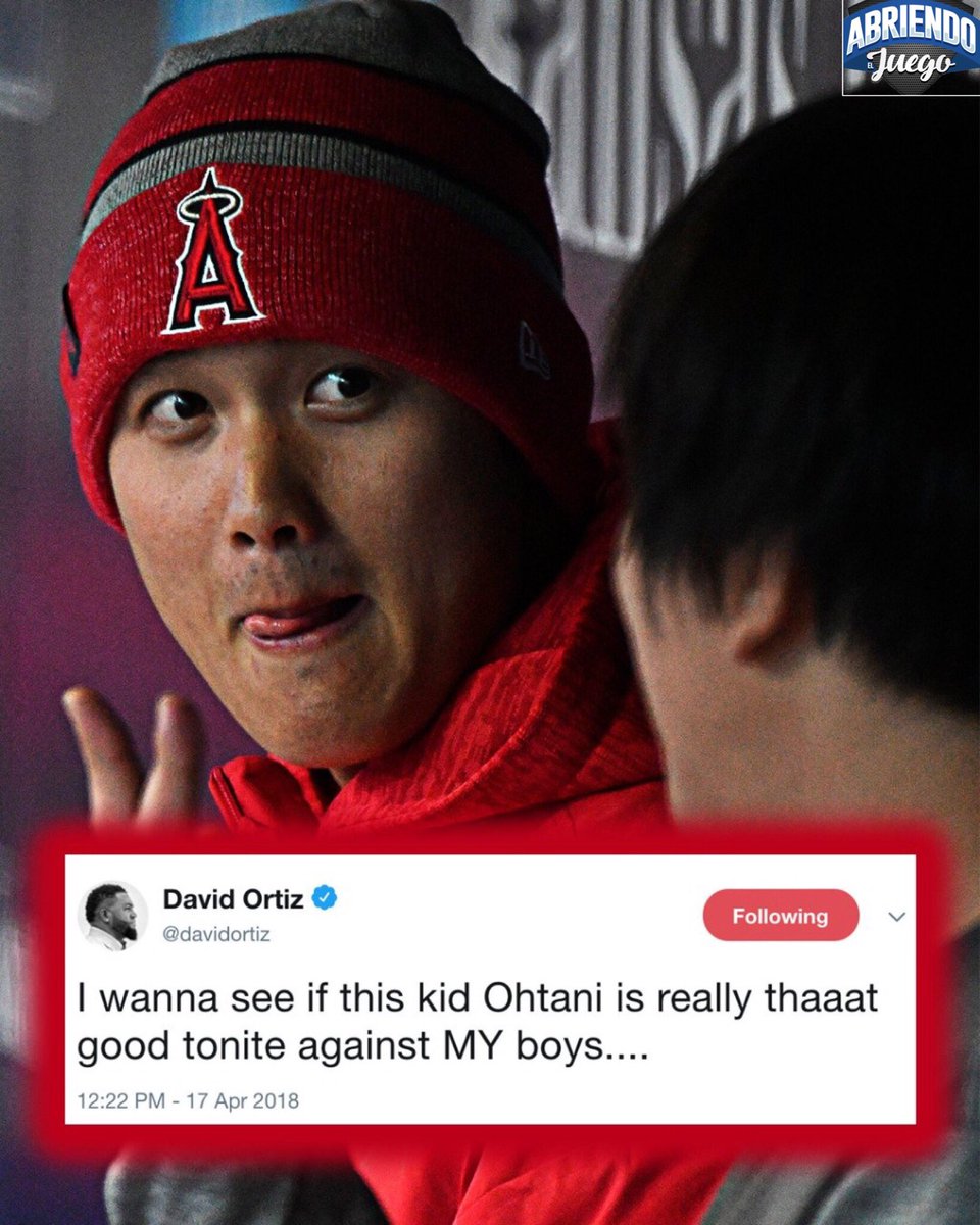 AbriendoSports's tweet photo. David Ortiz “Yo quiero ver si este niño Ohtani es realmente tan bueno esta noche en contra de mis chicos” Ohtani se enfrenta esta noche a los medias rojas de Boston. #Ohtani #RedSox #DavidOrtiz #AbriendoElJuego #SoxNation #Anaheim #Angels #BigPapi #Papi34 https://t.co/p6I5Paaf90